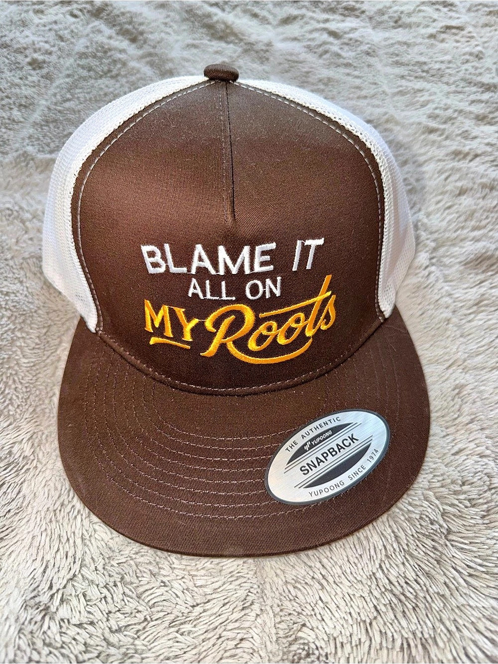 Yupoong Blame It All On My Roots Trucker Hat Brown & White